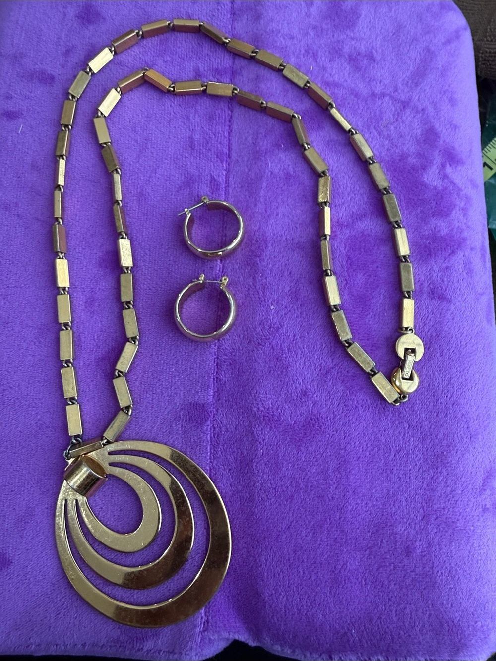 Gold-Tone Statement Pendant Necklace with Hoop Earrings - Women Jewelry